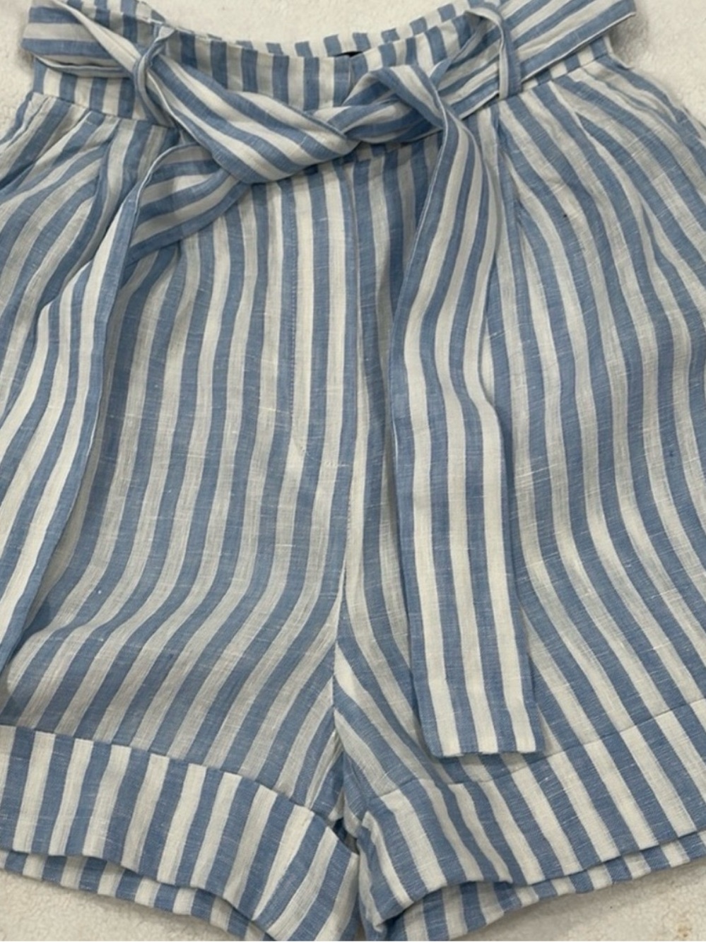 T❤️skirt Blue and White Striped Tie-Waist Linen Shorts xs